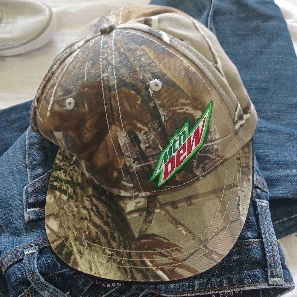 Mountain Dew Adult Men's Baseball Hat Camo Green Embroidered Raised Letters L/XL